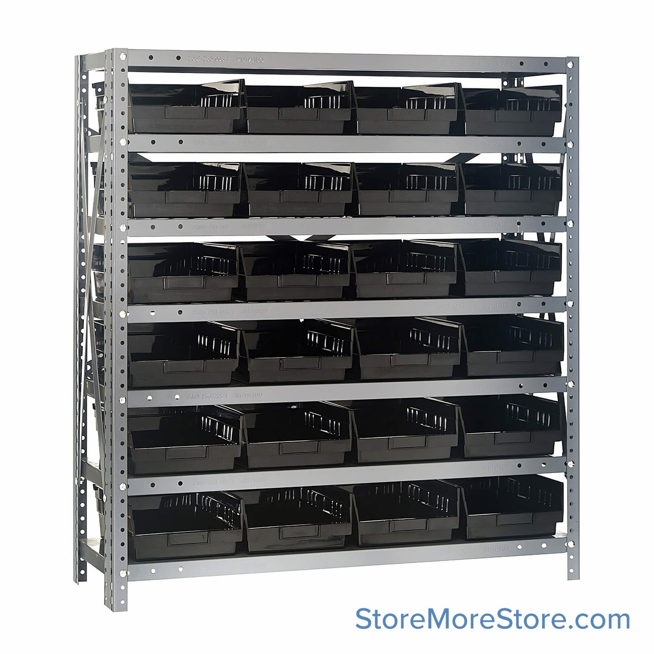 Bin Storage Shelves, 18" D x 39" H, 7 Shelves, 24 Bins, Black