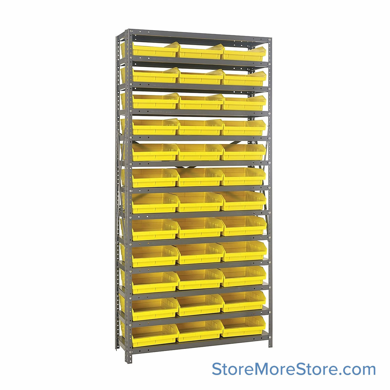 Bin Storage Shelves, 18" D x 75" H, 13 Shelves, 36 Bins, Yellow