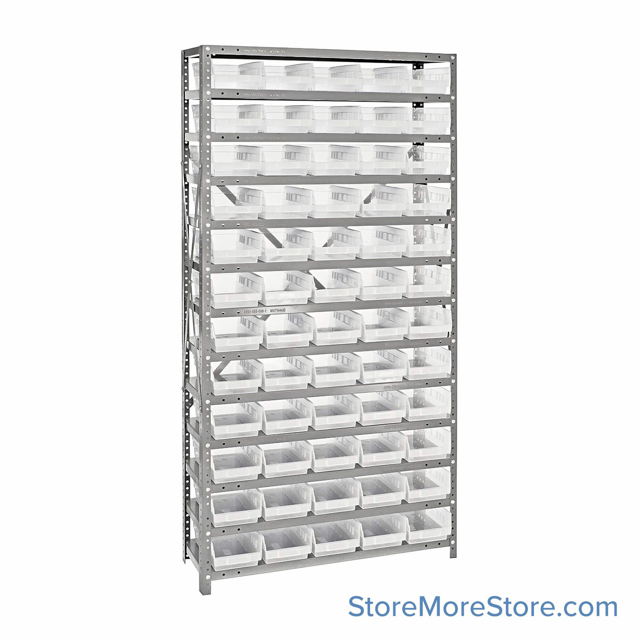 Bin Storage Shelves, 12" D x 75" H, 13 Shelves, 60 Bins, Clear