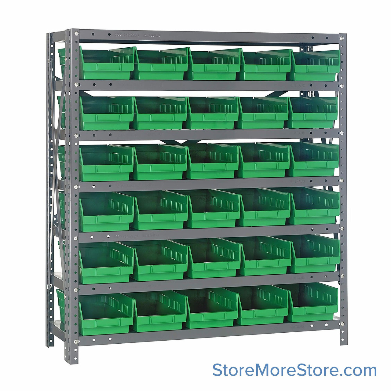 Bin Storage Shelves, 18" D x 39" H, 7 Shelves, 30 Bins, Green