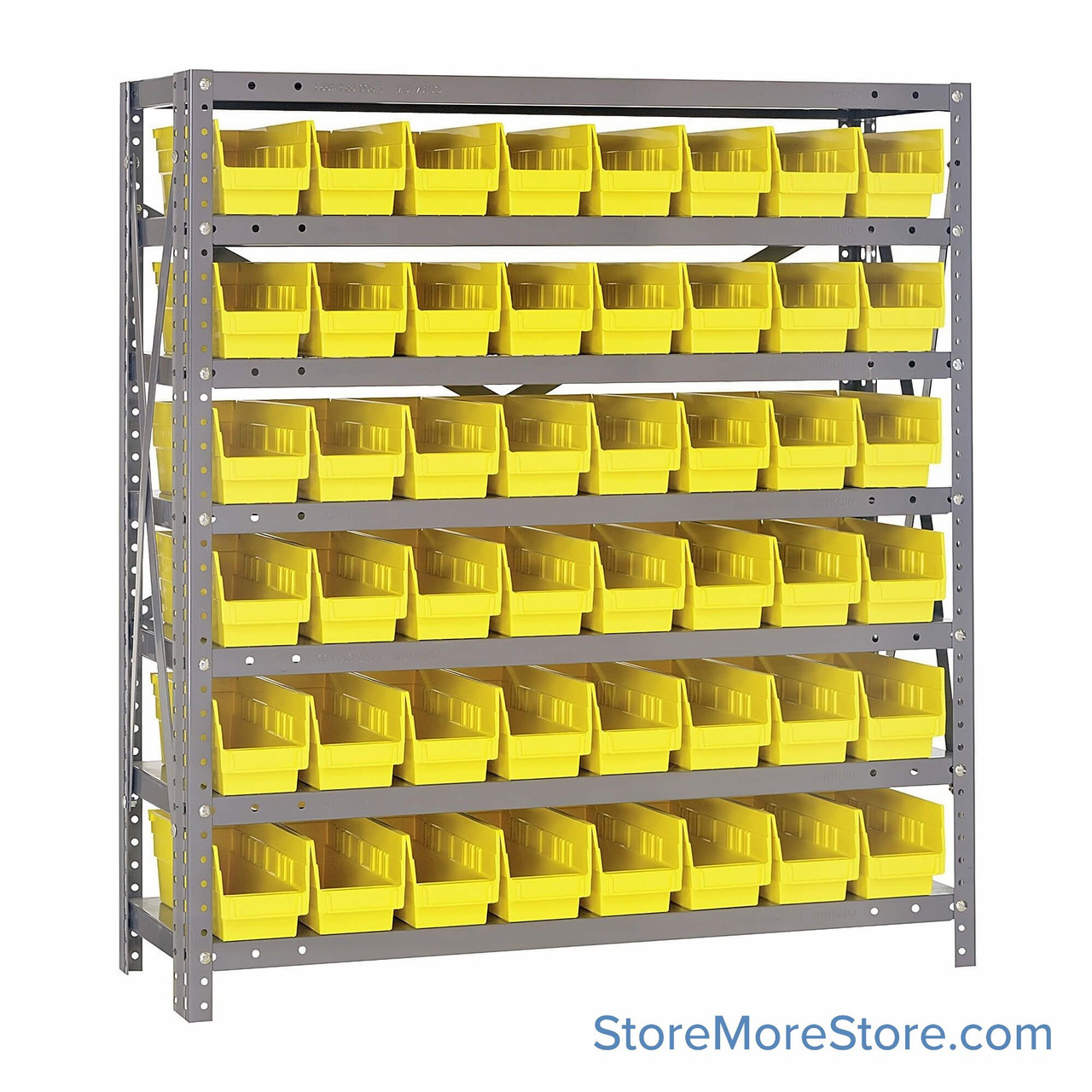 Bin Storage Shelves, 18" D x 39" H, 7 Shelves, 48 Bins, Yellow