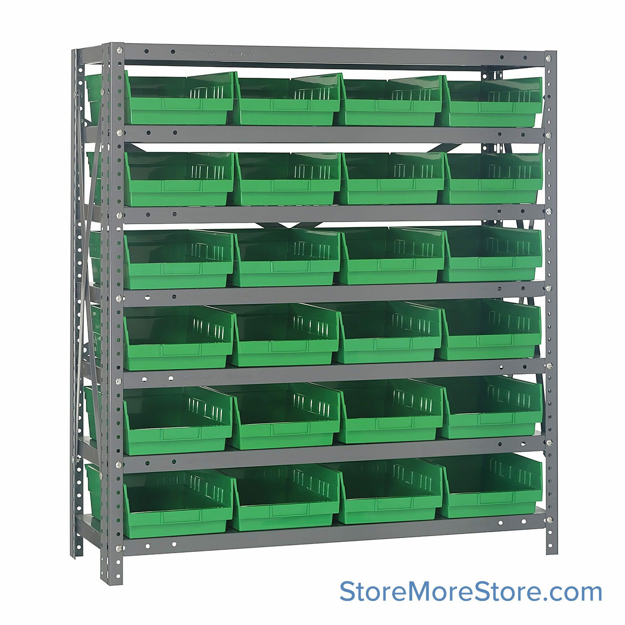Bin Storage Shelves, 18" D x 39" H, 7 Shelves, 24 Bins, Green