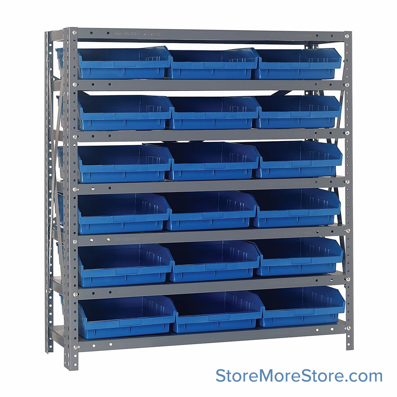 Bin Storage Shelves, 18" D x 39" H, 7 Shelves, 18 Bins, Blue