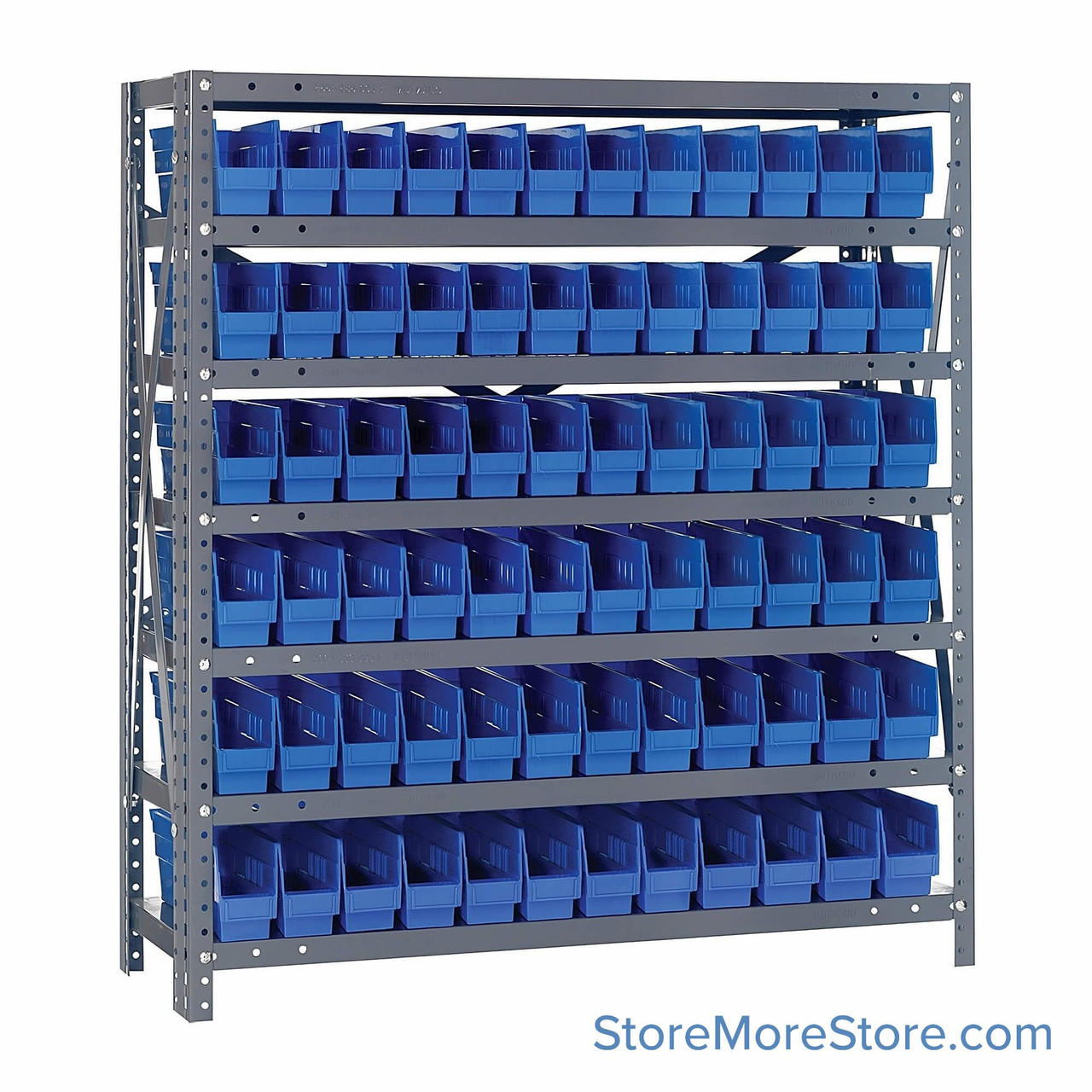 Bin Storage Shelves, 12" D x 39" H, 7 Shelves, 72 Bins, Blue