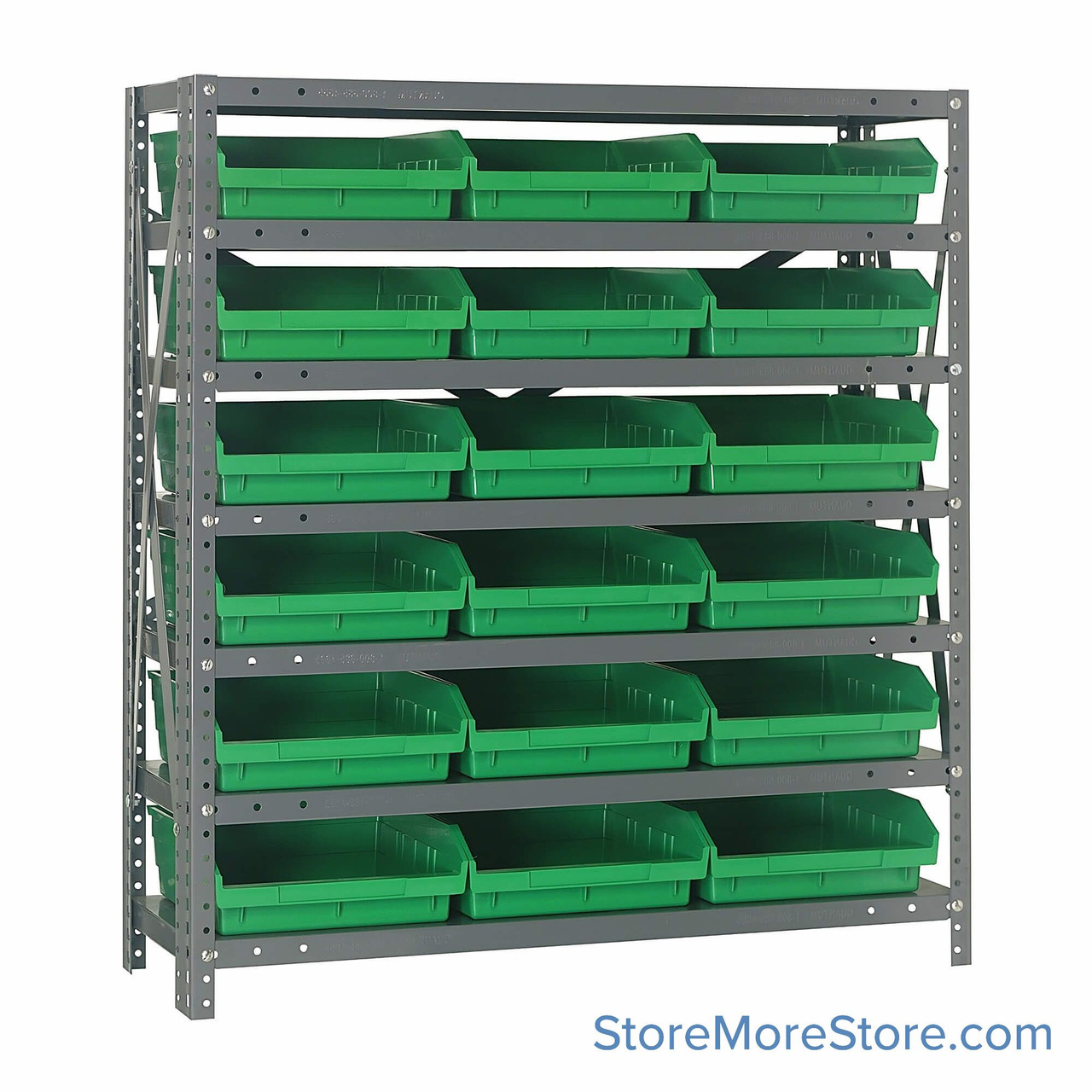 Bin Storage Shelves, 18" D x 39" H, 7 Shelves, 18 Bins, Green