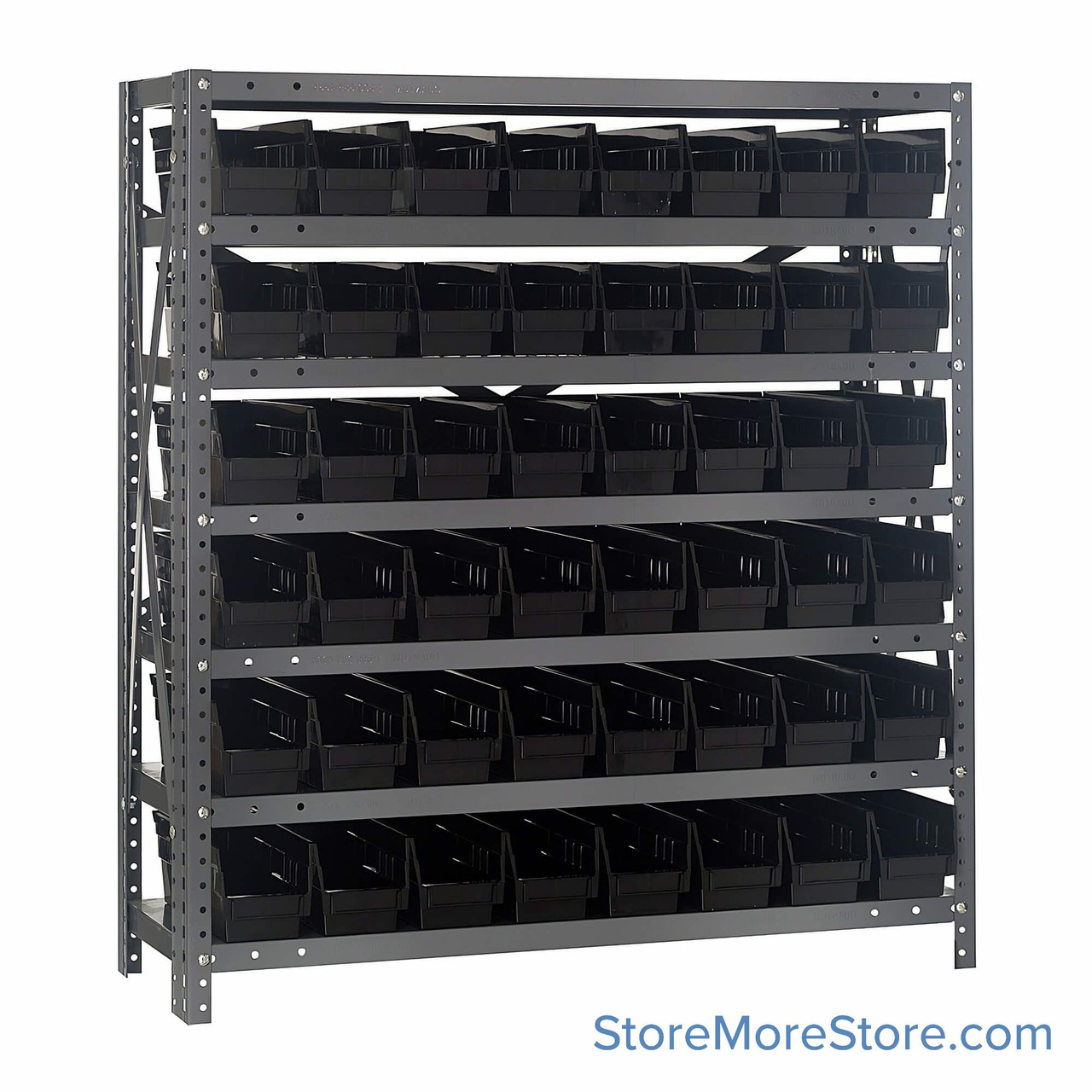 Bin Storage Shelves, 12" D x 39" H, 7 Shelves, 48 Bins, Black