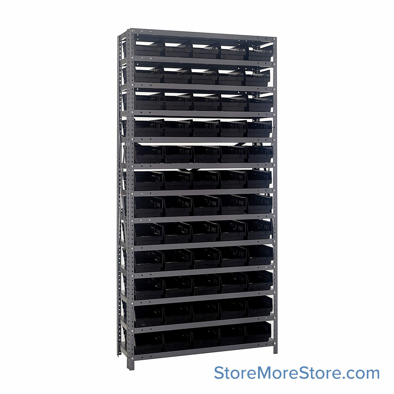 Bin Storage Shelves, 18" D x 75" H, 13 Shelves, 60 Bins, Black