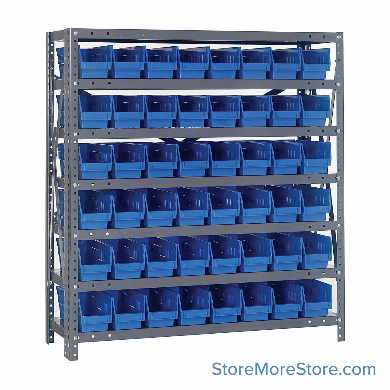 Bin Storage Shelves, 12" D x 39" H, 7 Shelves, 48 Bins, Blue