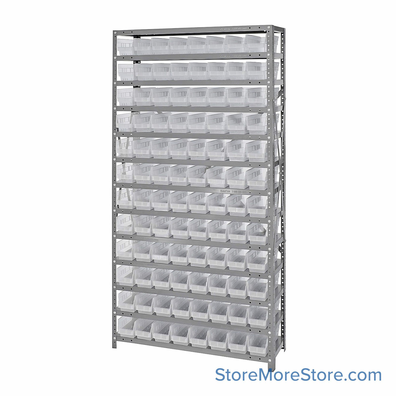 Bin Storage Shelves, 18" D x 75" H, 13 Shelves, 96 Bins, Clear