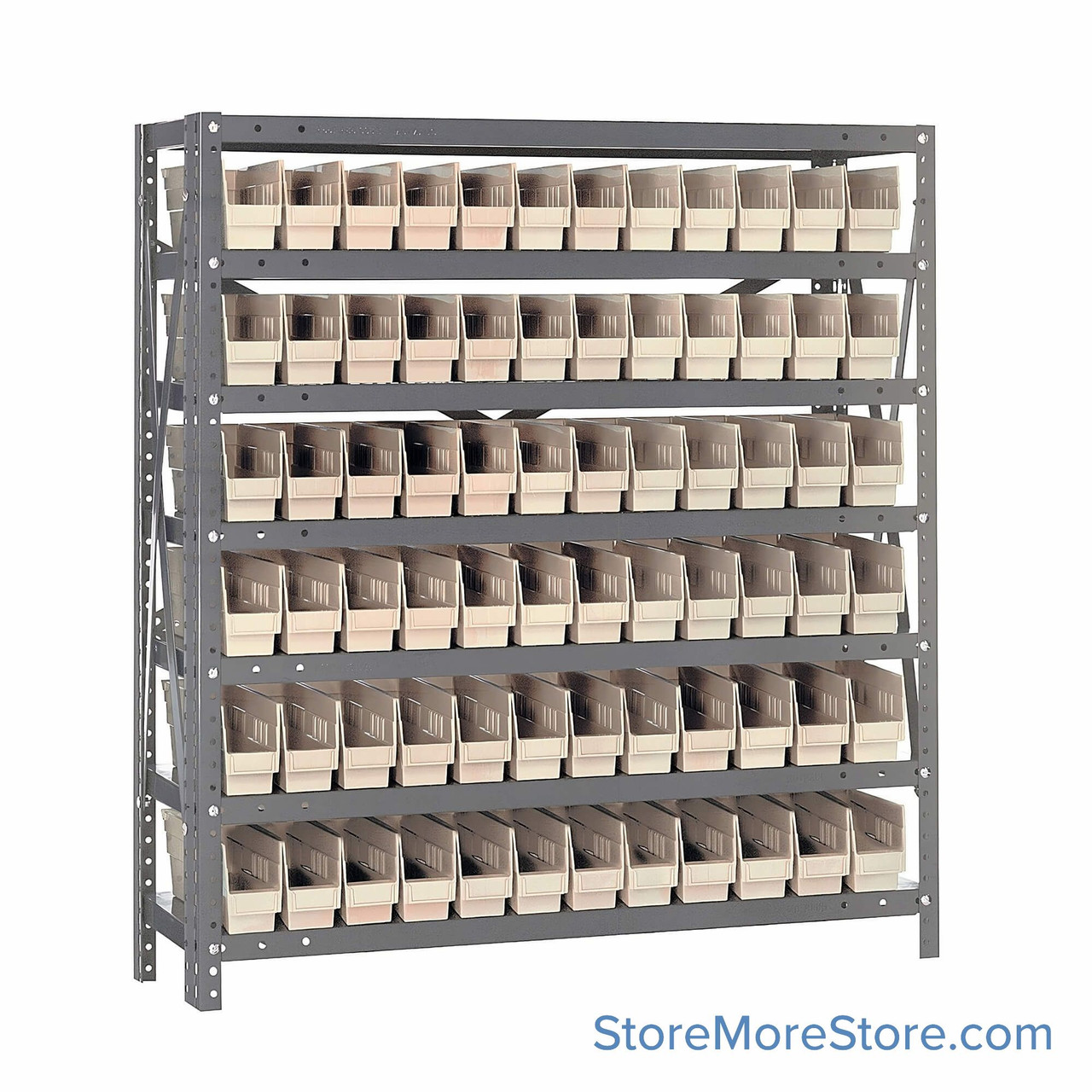 Bin Storage Shelves, 12" D x 39" H, 7 Shelves, 72 Bins, Ivory