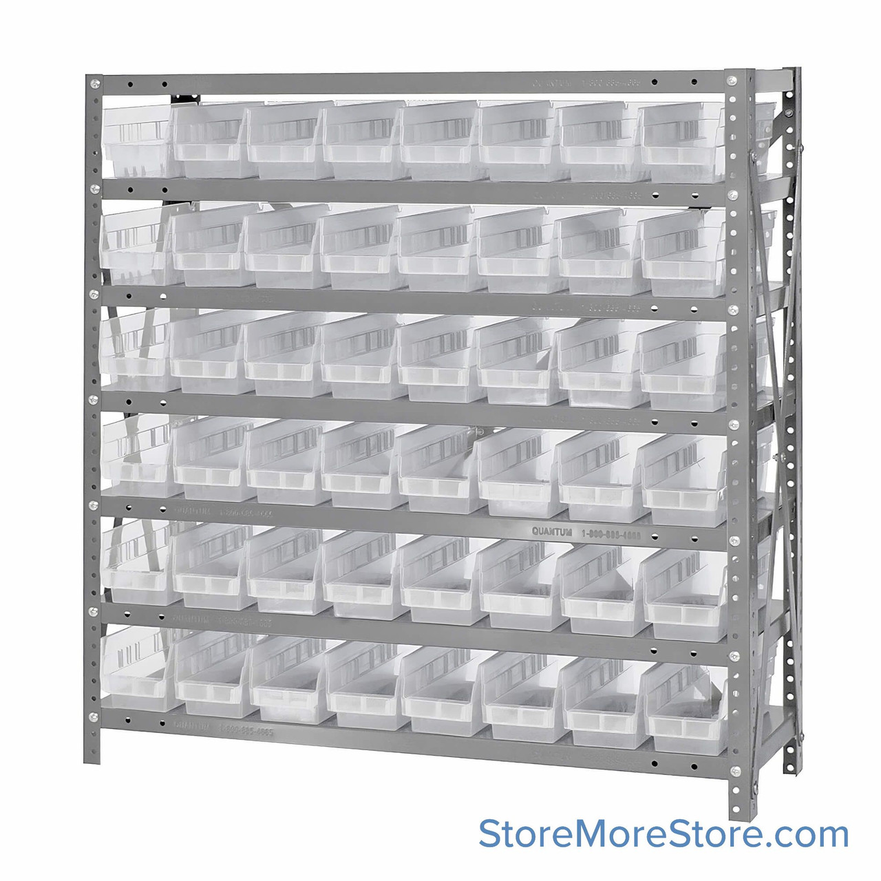 Bin Storage Shelves, 12" D x 39" H, 7 Shelves, 48 Bins, Clear