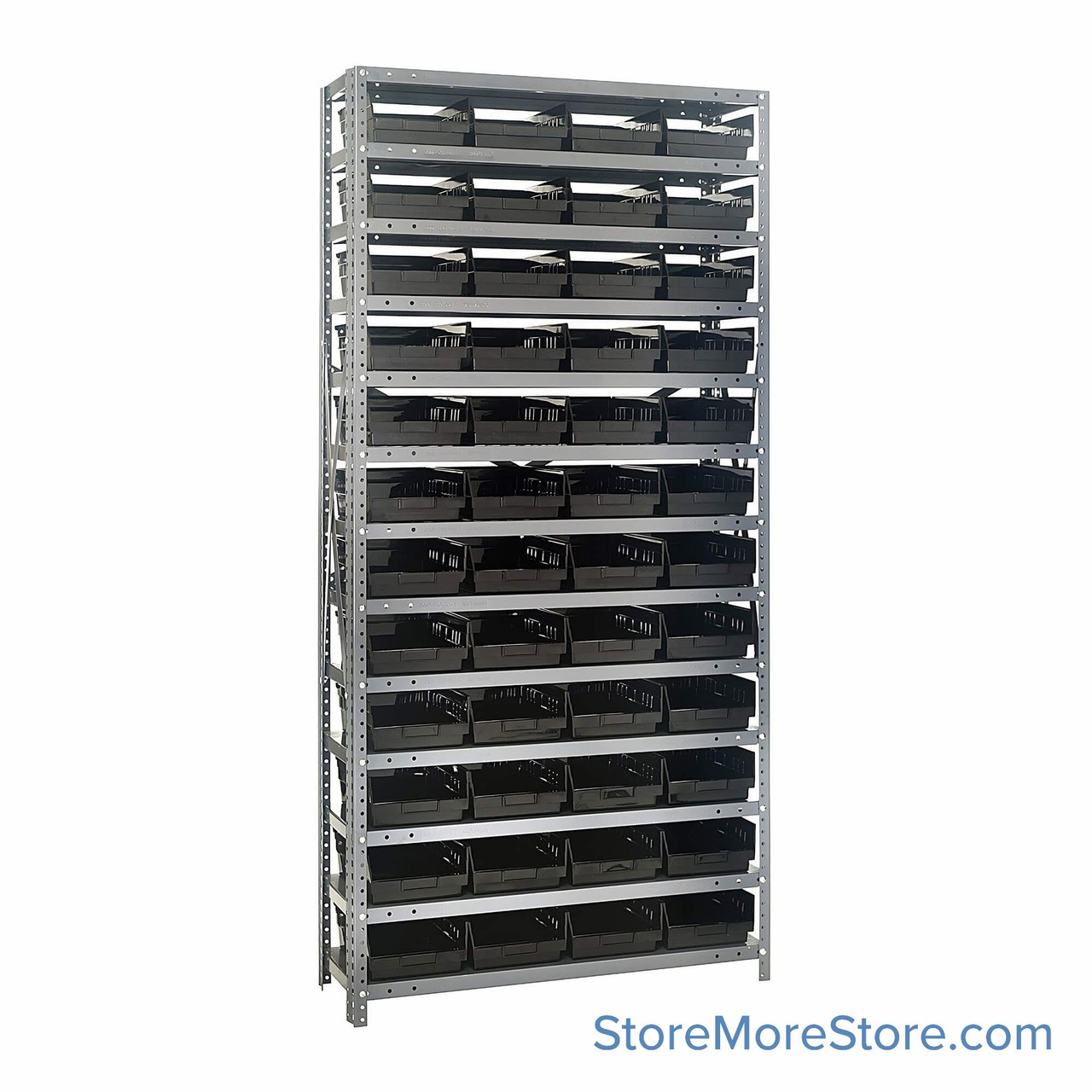 Bin Storage Shelves, 18" D x 75" H, 13 Shelves, 48 Bins, Black