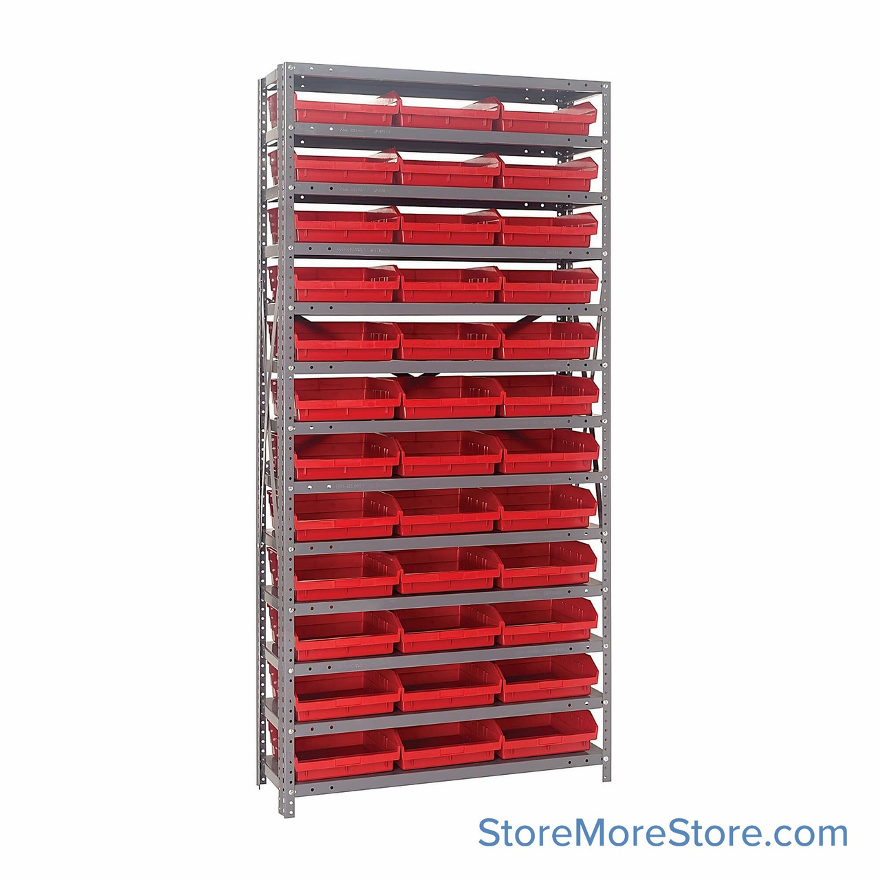 Bin Storage Shelves, 12" D x 75" H, 13 Shelves, 36 Bins, Red