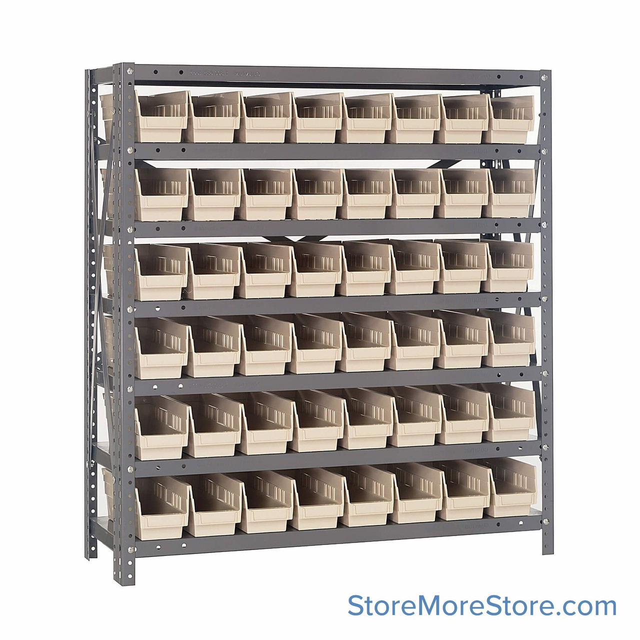 Bin Storage Shelves, 12" D x 39" H, 7 Shelves, 48 Bins, Ivory