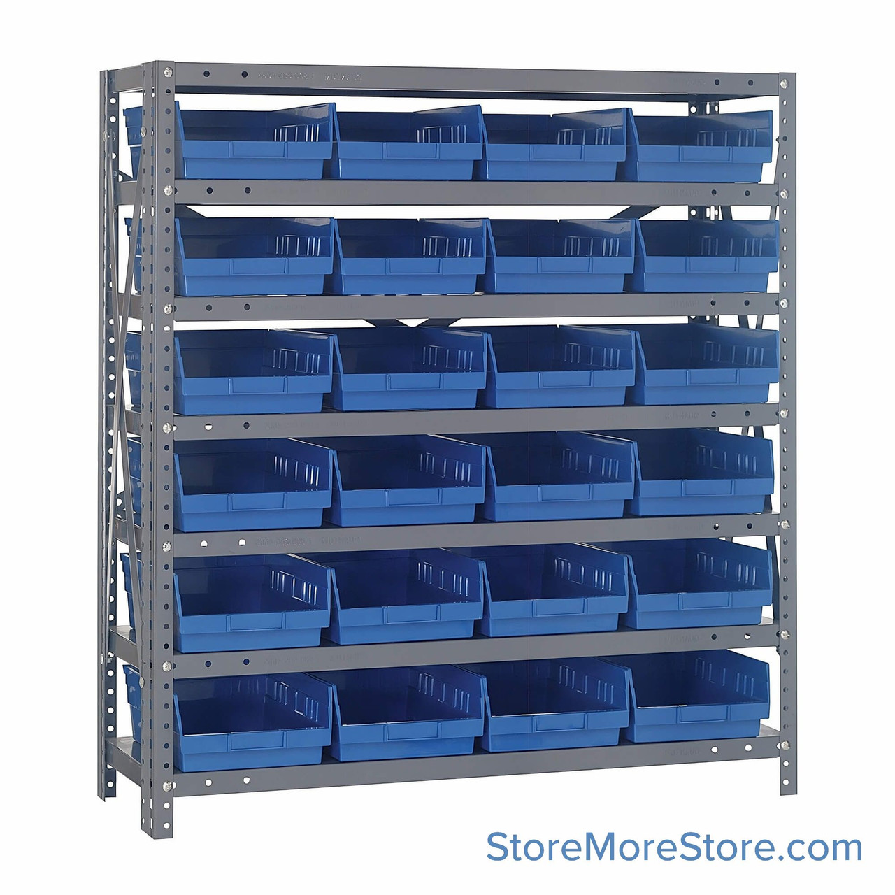 Bin Storage Shelves, 12" D x 39" H, 7 Shelves, 24 Bins, Blue