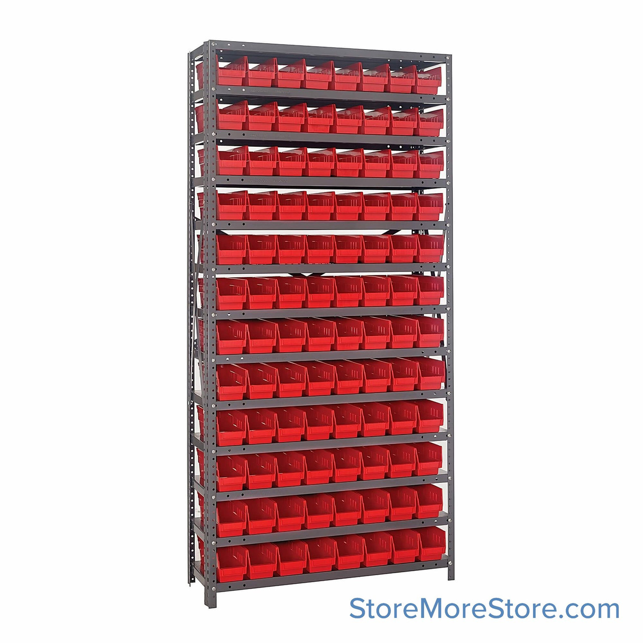 Bin Storage Shelves, 18" D x 75" H, 13 Shelves, 96 Bins, Red