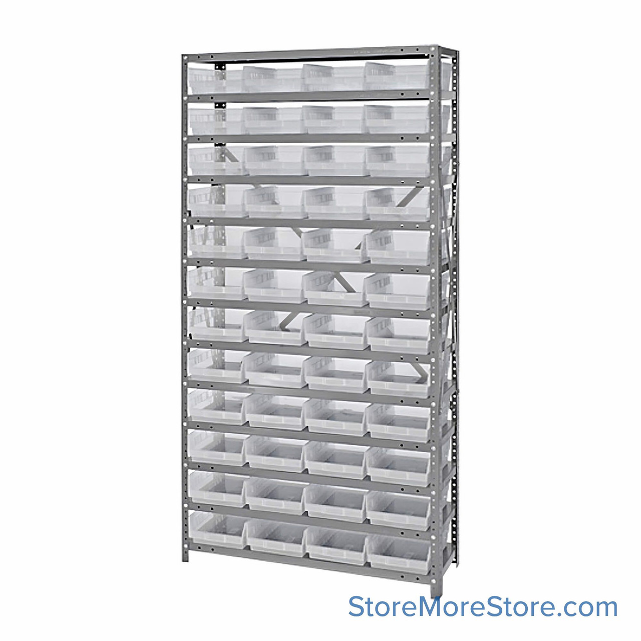 Bin Storage Shelves, 18" D x 75" H, 13 Shelves, 48 Bins, Clear