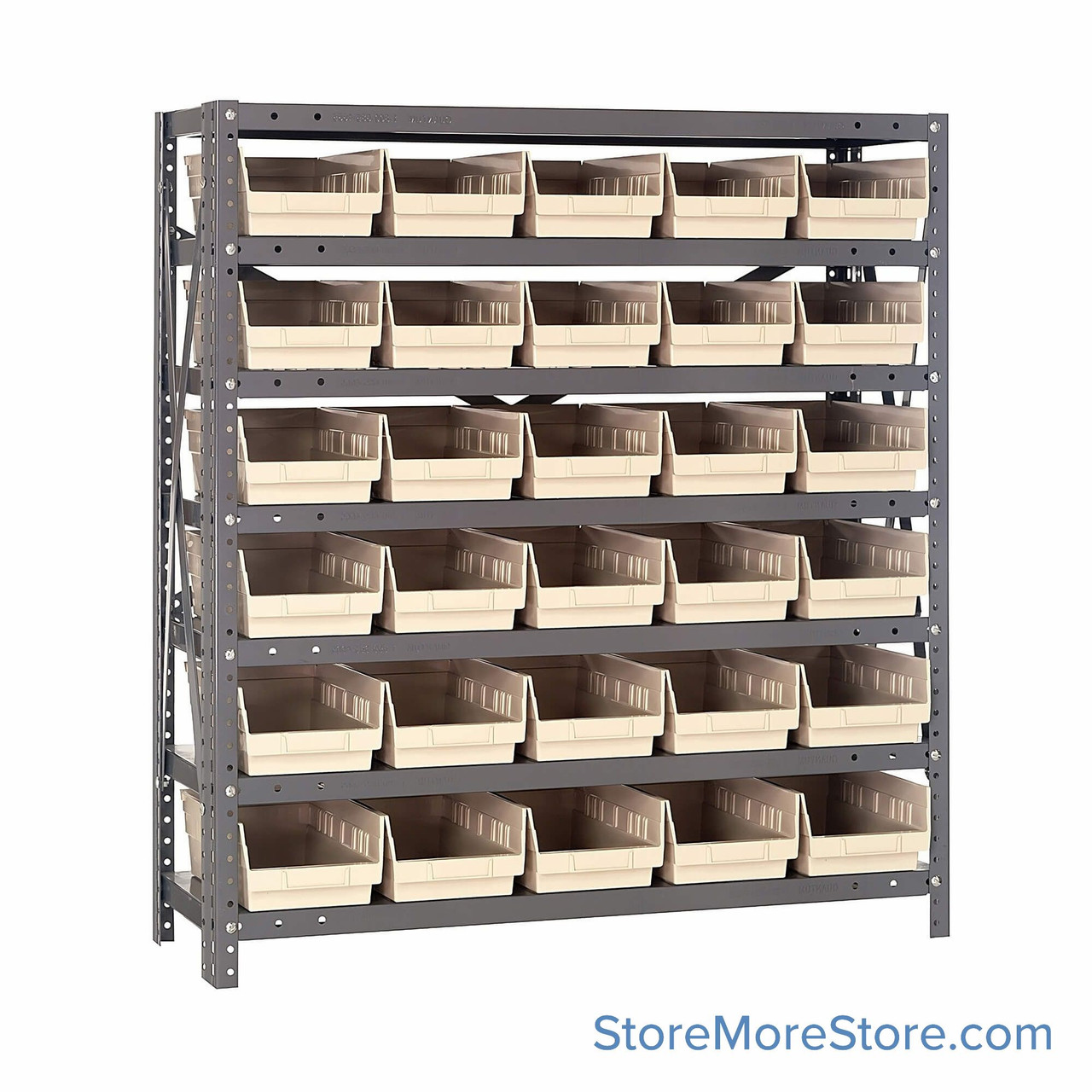 Bin Storage Shelves, 12" D x 39" H, 7 Shelves, 30 Bins, Ivory