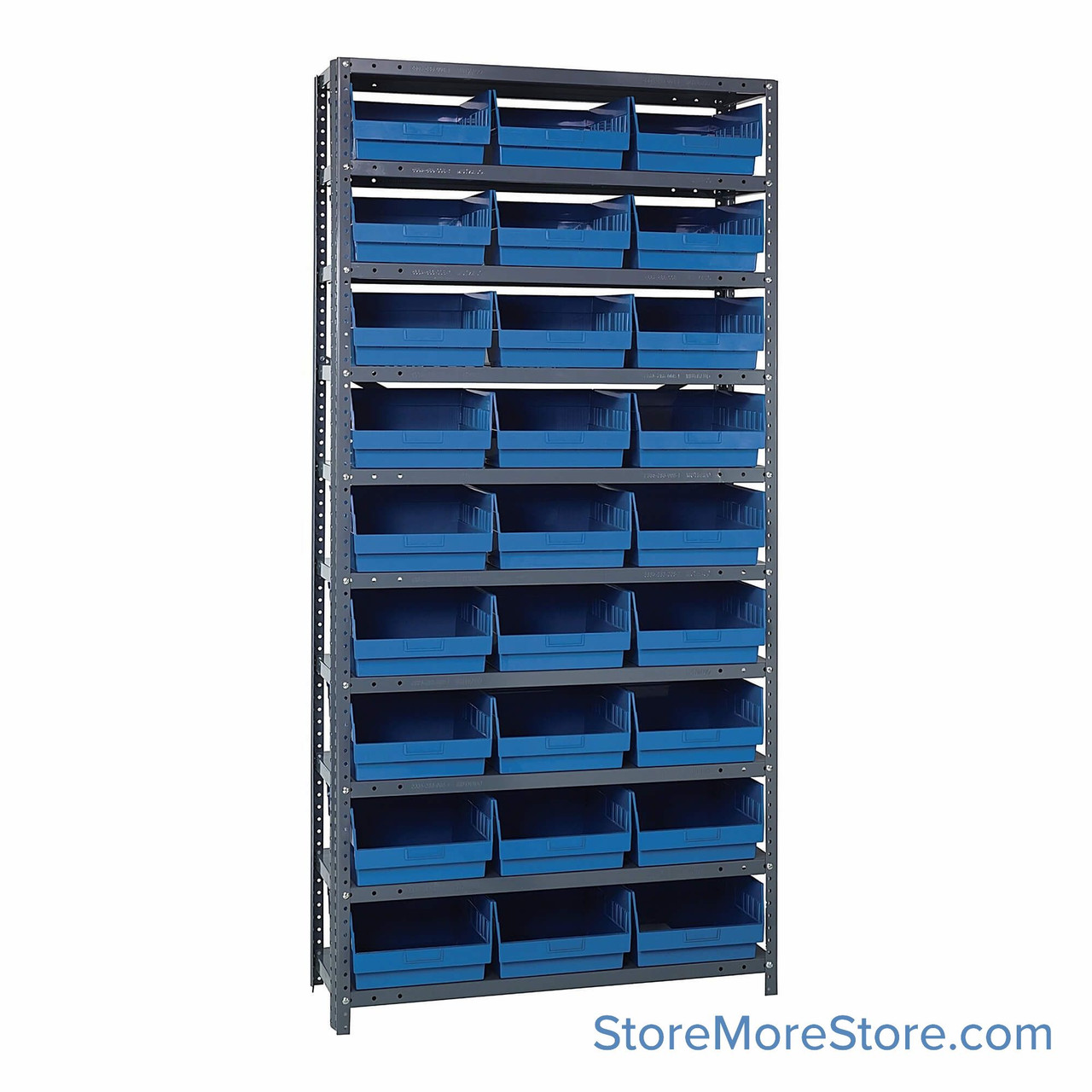 Bin Storage Shelves, 18" D x 75" H, 13 Shelves, 36 Bins, Blue