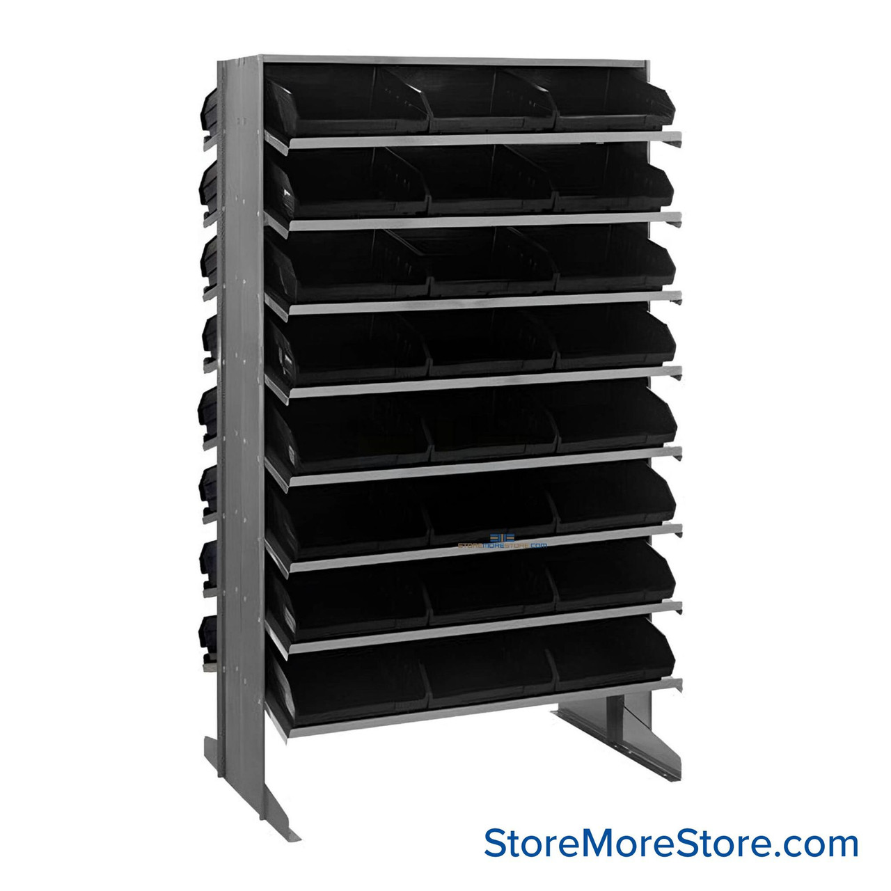 Storage Shelves with Bins, 24" D, Double Sided, 11.125"Wx11.625"Dx4"H Bin Dimensions, Black, Without Casters