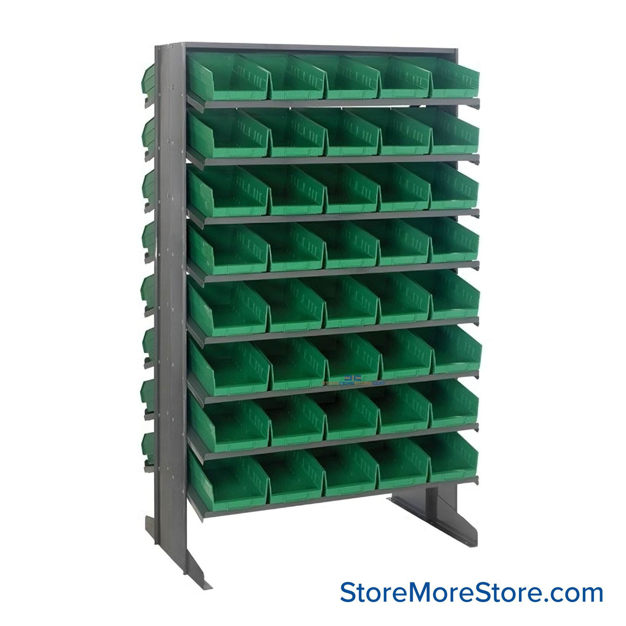 Storage Shelves with Bins, 24" D, Double Sided, 6.625"Wx11.625"Dx4"H Bin Dimensions, Green, Without Casters