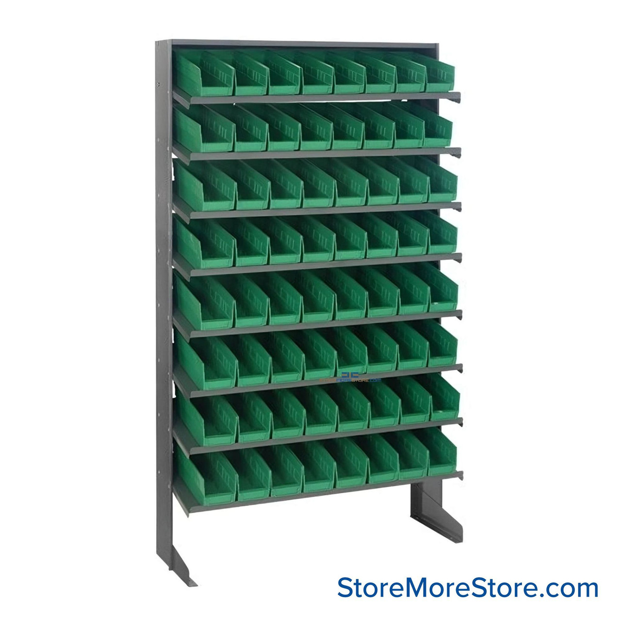 Storage Shelves with Bins, 12" D, Single-Sided, 4.125"Wx11.625"Dx4"H Bin Dimensions, Green, Without Casters