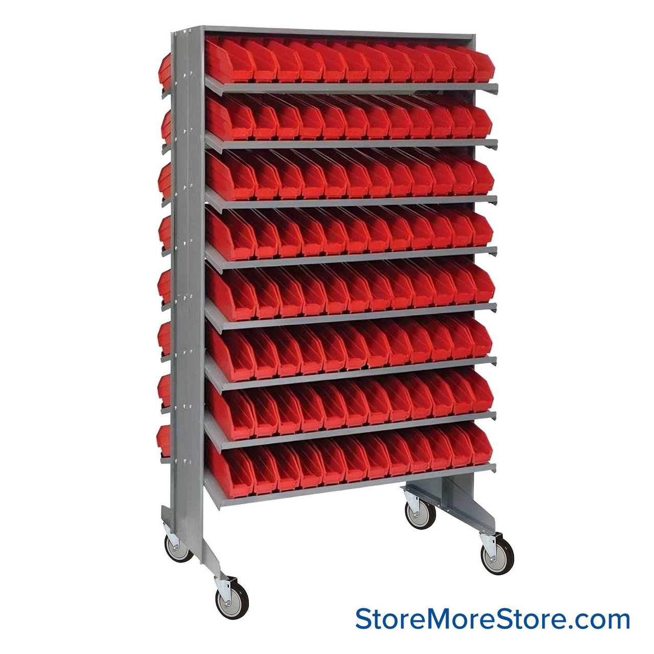 Storage Shelves with Bins, 24" D, Double Sided, 2.75"Wx11.625"Dx4"H Bin Dimensions, Red, Includes Casters