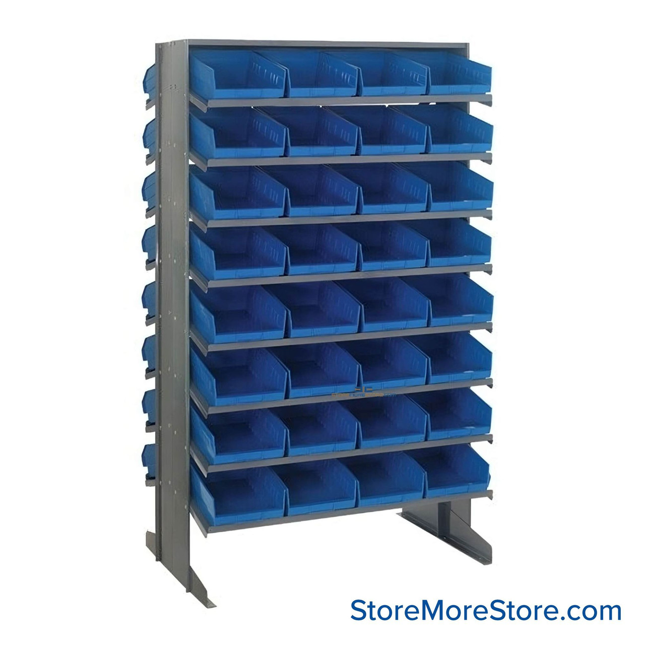 Storage Shelves with Bins, 36" D, Double Sided, 8.375"Wx17.875"Dx4"H Bin Dimensions, Blue, Without Casters