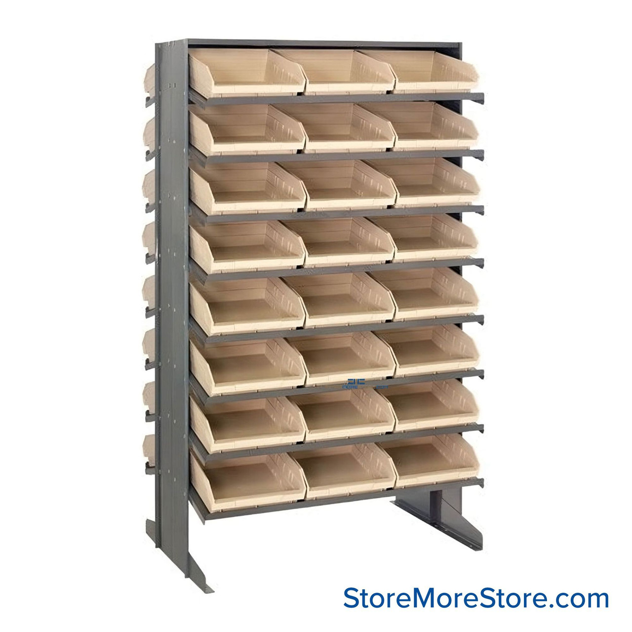 Storage Shelves with Bins, 36" D, Double Sided, 11.125"Wx17.875"Dx4"H Bin Dimensions, Ivory, Without Casters