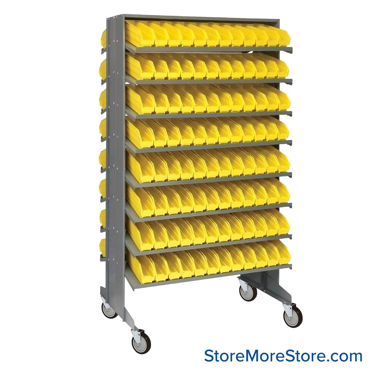 Storage Shelves with Bins, 24" D, Double Sided, 2.75"Wx11.625"Dx4"H Bin Dimensions, Yellow, Includes Casters