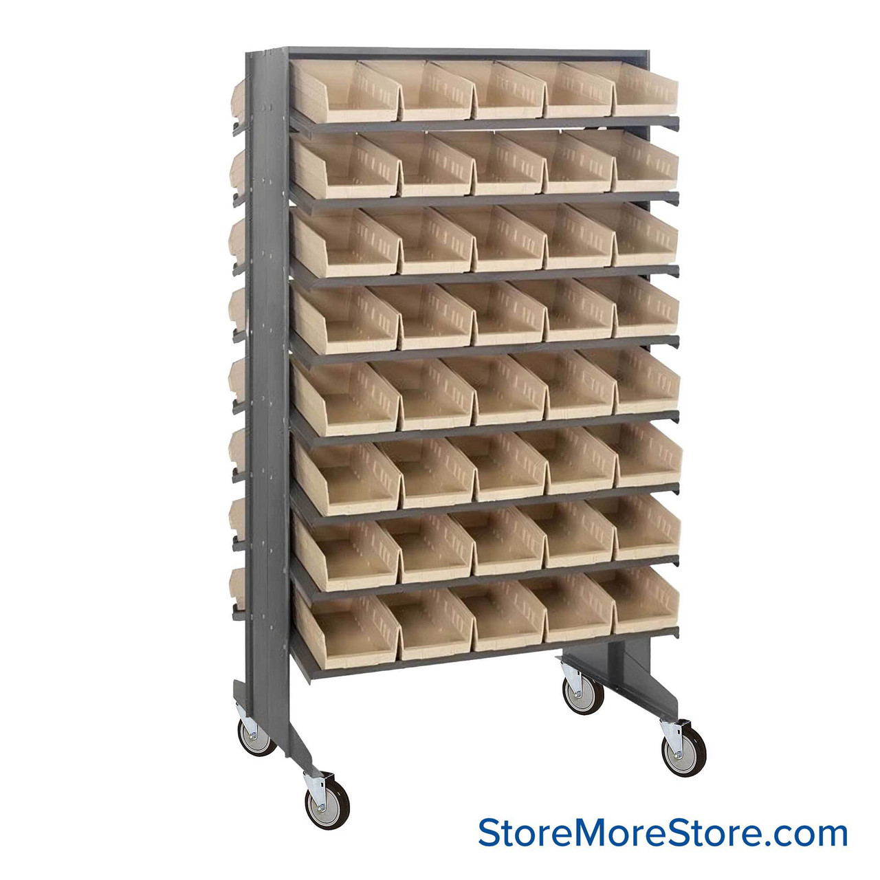 Storage Shelves with Bins, 24" D, Double Sided, 6.625"Wx11.625"Dx4"H Bin Dimensions, Ivory, Includes Casters