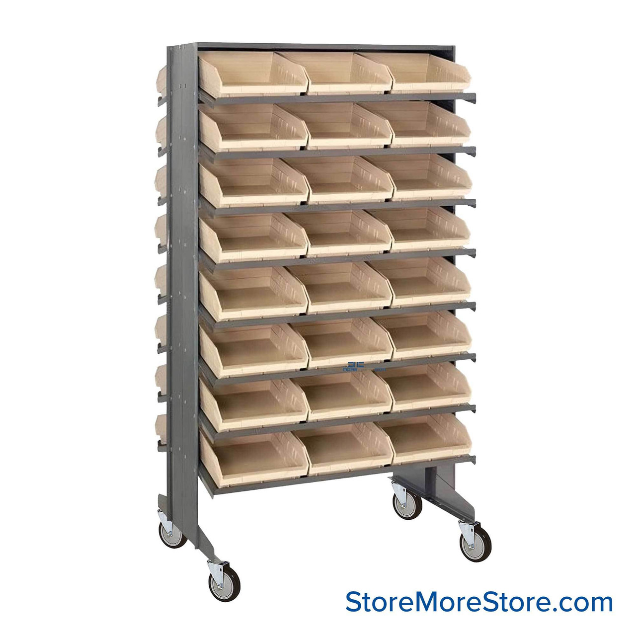 Storage Shelves with Bins, 36" D, Double Sided, 11.125"Wx17.875"Dx4"H Bin Dimensions, Ivory, Includes Casters