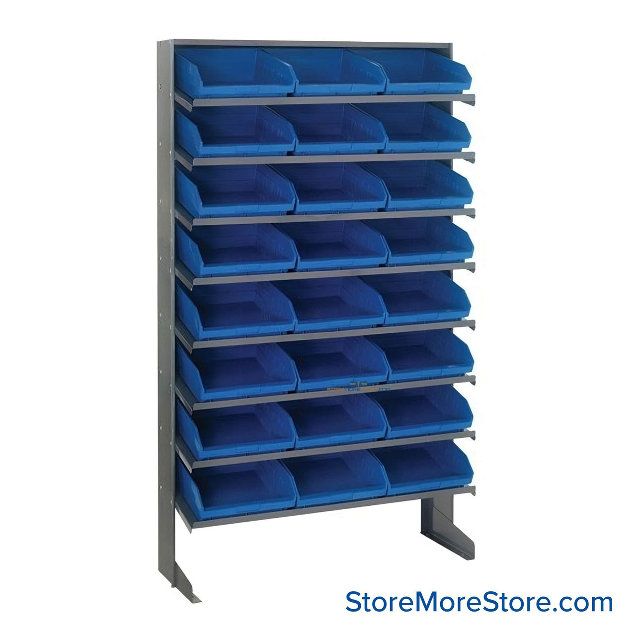 Storage Shelves with Bins, 18" D, Single-Sided, 11.125"Wx17.875"Dx4"H Bin Dimensions, Blue, Without Casters