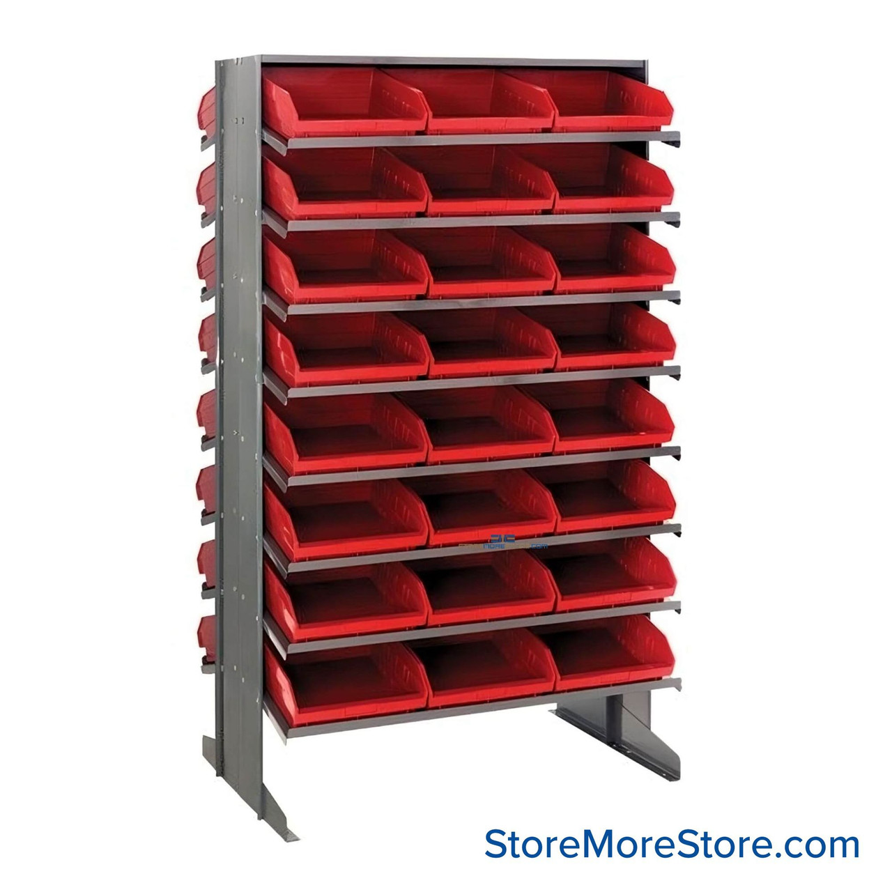 Storage Shelves with Bins, 36" D, Double Sided, 11.125"Wx17.875"Dx4"H Bin Dimensions, Red, Without Casters