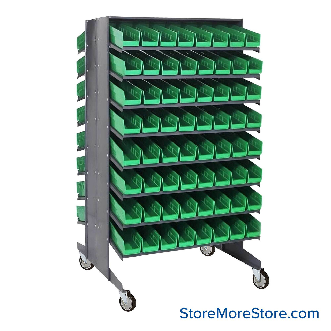 Storage Shelves with Bins, 36" D, Double Sided, 4.125"Wx17.875"Dx4"H Bin Dimensions, Green, Includes Casters