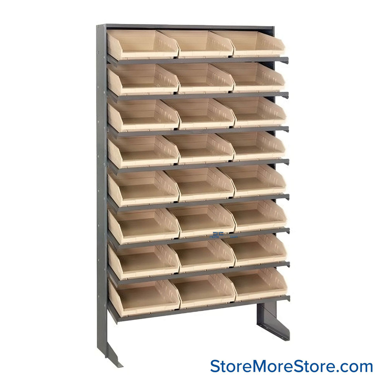 Storage Shelves with Bins, 18" D, Single-Sided, 11.125"Wx17.875"Dx4"H Bin Dimensions, Ivory, Without Casters