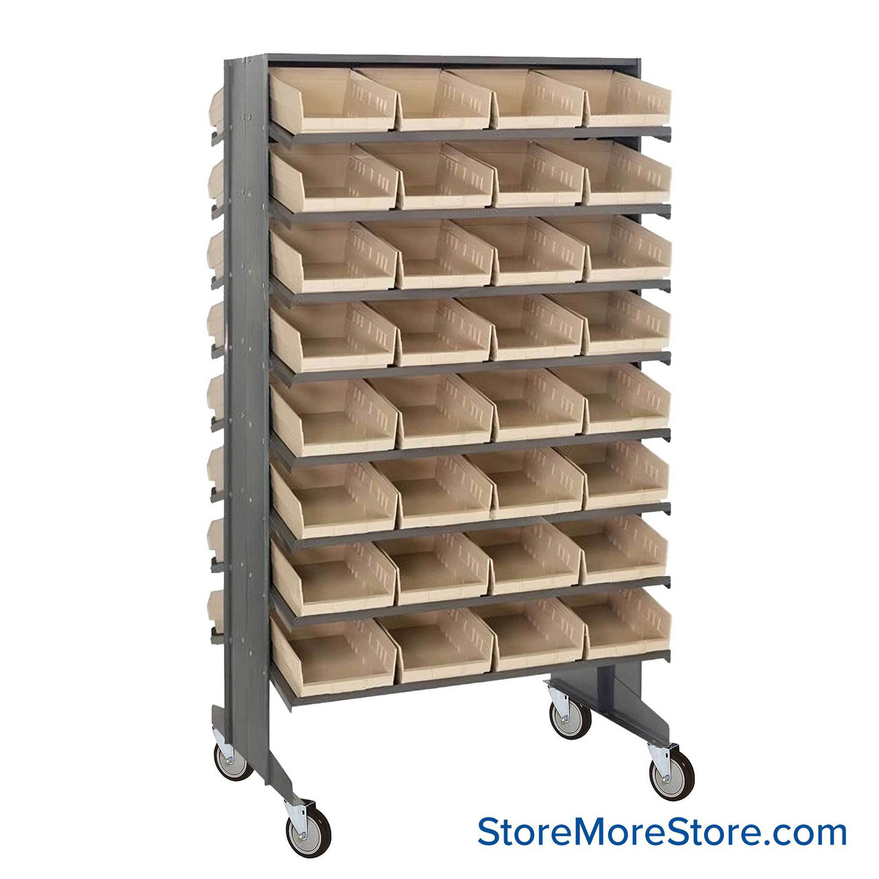 Storage Shelves with Bins, 36" D, Double Sided, 8.375"Wx17.875"Dx4"H Bin Dimensions, Ivory, Includes Casters