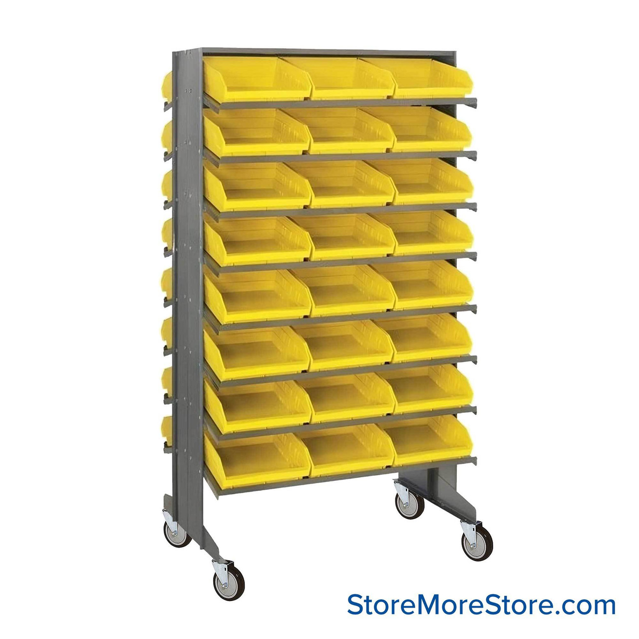 Storage Shelves with Bins, 36" D, Double Sided, 11.125"Wx17.875"Dx4"H Bin Dimensions, Yellow, Includes Casters
