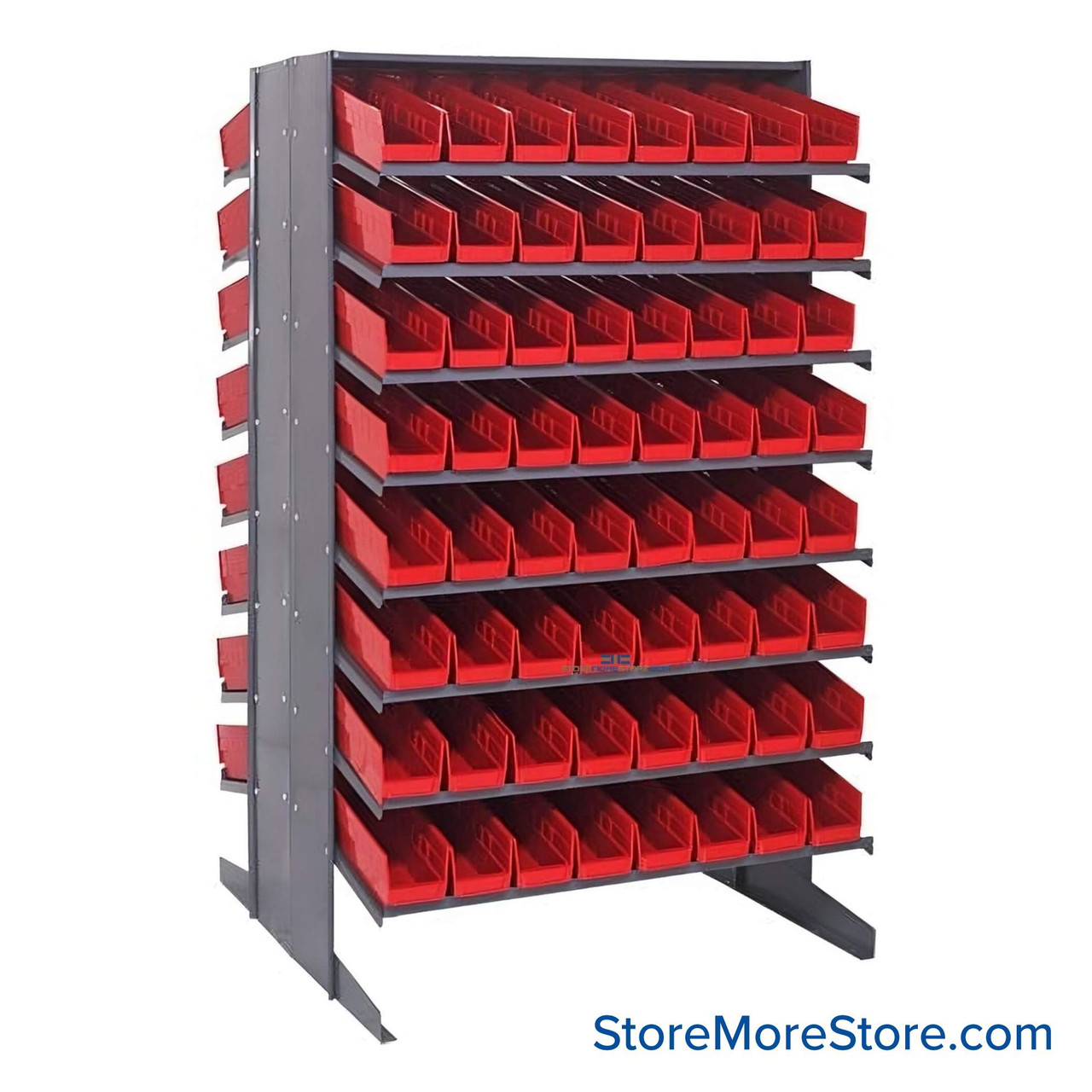 Storage Shelves with Bins, 36" D, Double Sided, 4.125"Wx17.875"Dx4"H Bin Dimensions, Red, Without Casters