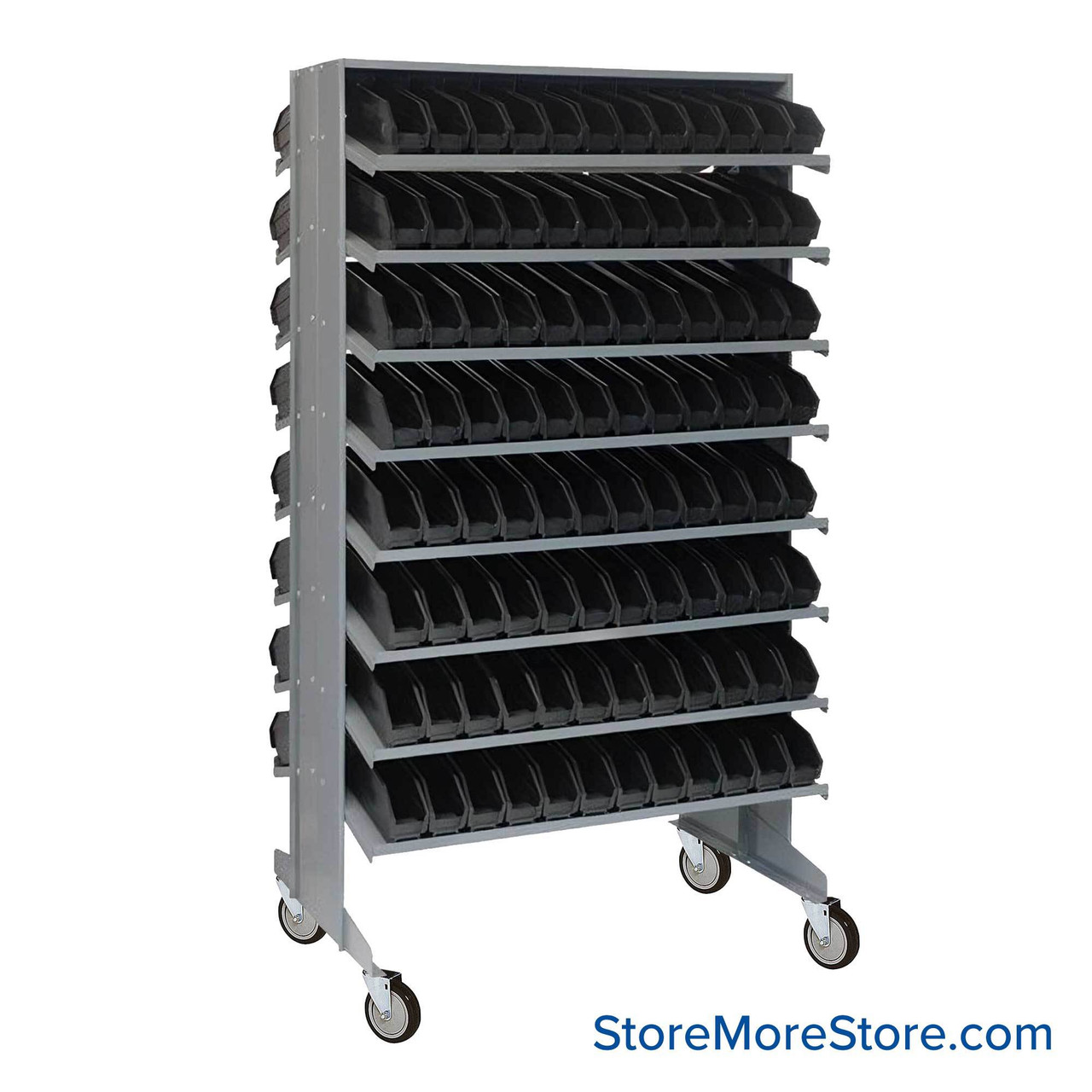 Storage Shelves with Bins, 24" D, Double Sided, 2.75"Wx11.625"Dx4"H Bin Dimensions, Black, Includes Casters