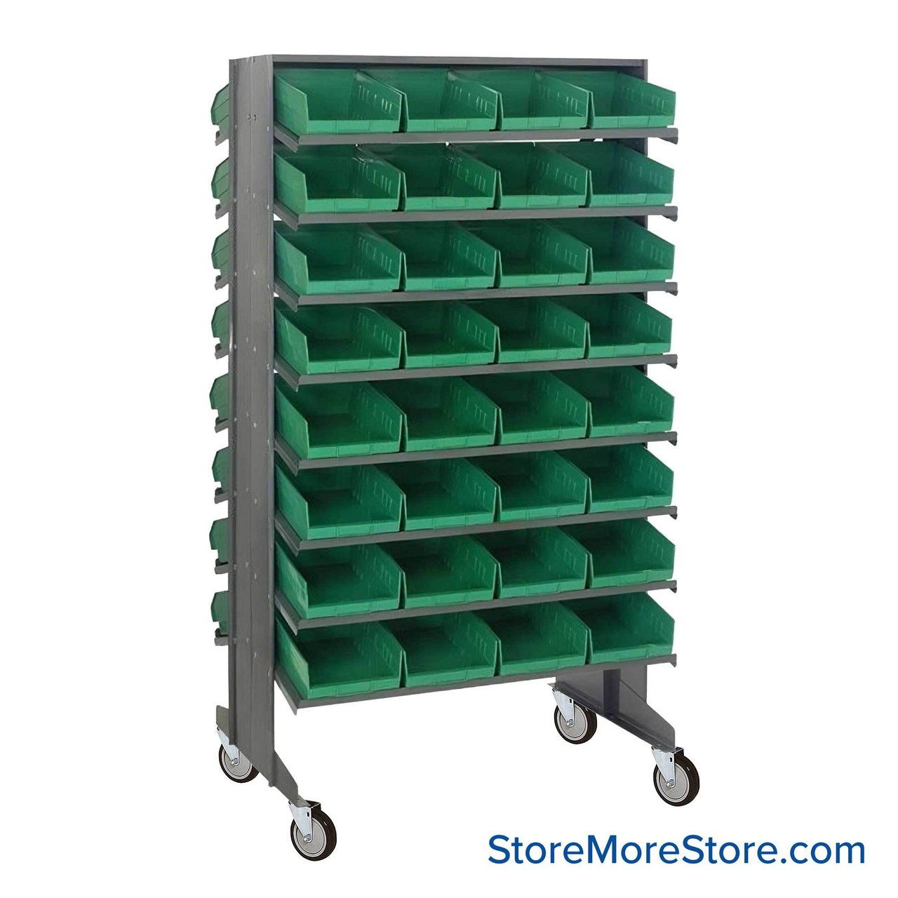 Storage Shelves with Bins, 24" D, Double Sided, 8.375"Wx11.625"Dx4"H Bin Dimensions, Green, Includes Casters