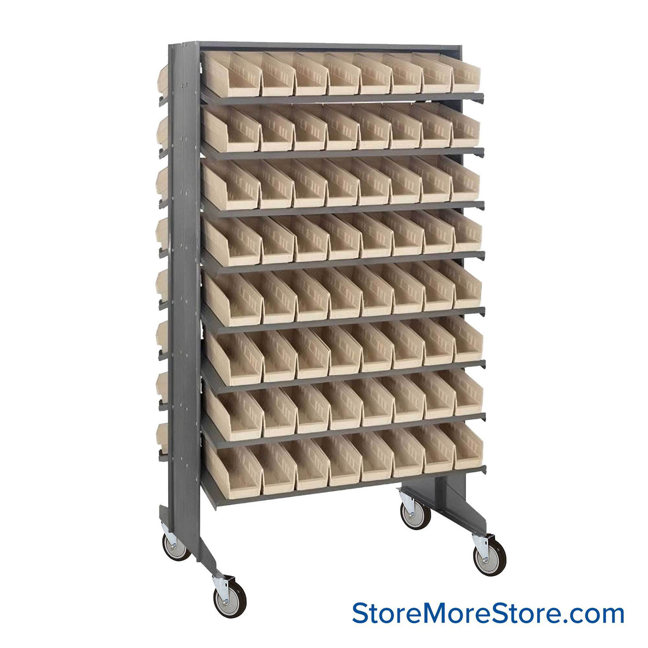 Storage Shelves with Bins, 24" D, Double Sided, 4.125"Wx11.625"Dx4"H Bin Dimensions, Ivory, Includes Casters