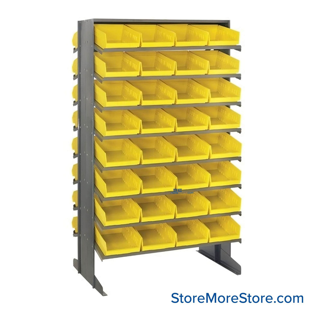 Storage Shelves with Bins, 36" D, Double Sided, 8.375"Wx17.875"Dx4"H Bin Dimensions, Yellow, Without Casters