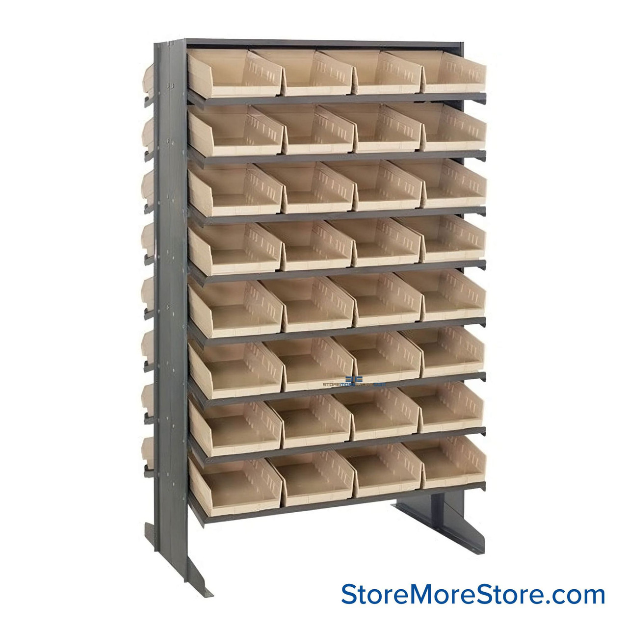 Storage Shelves with Bins, 24" D, Double Sided, 8.375"Wx11.625"Dx4"H Bin Dimensions, Ivory, Without Casters