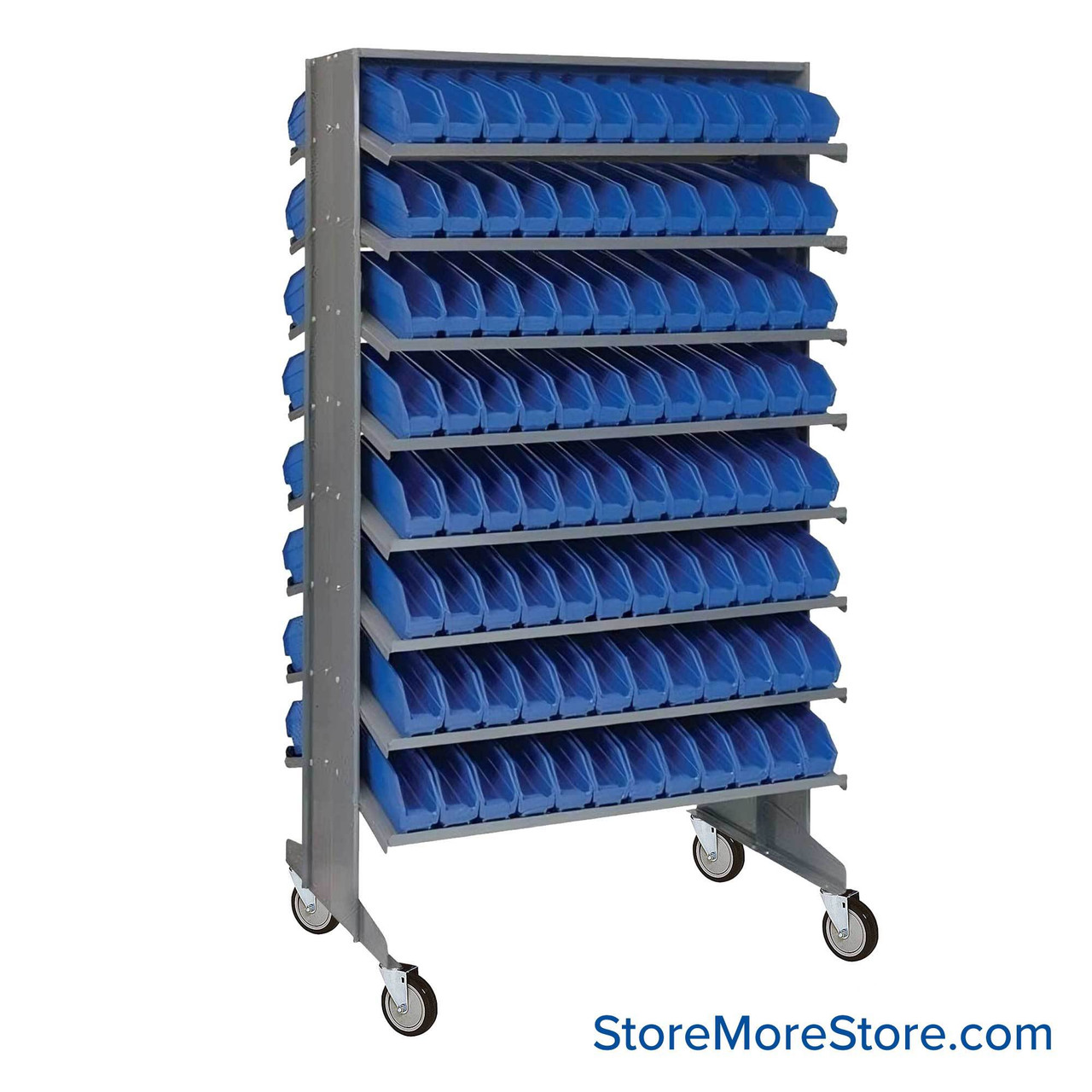 Storage Shelves with Bins, 24" D, Double Sided, 2.75"Wx11.625"Dx4"H Bin Dimensions, Blue, Includes Casters