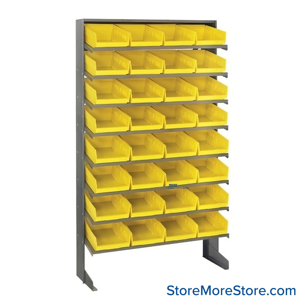 Storage Shelves with Bins, 18" D, Single-Sided, 8.375"Wx17.875"Dx4"H Bin Dimensions, Yellow, Without Casters