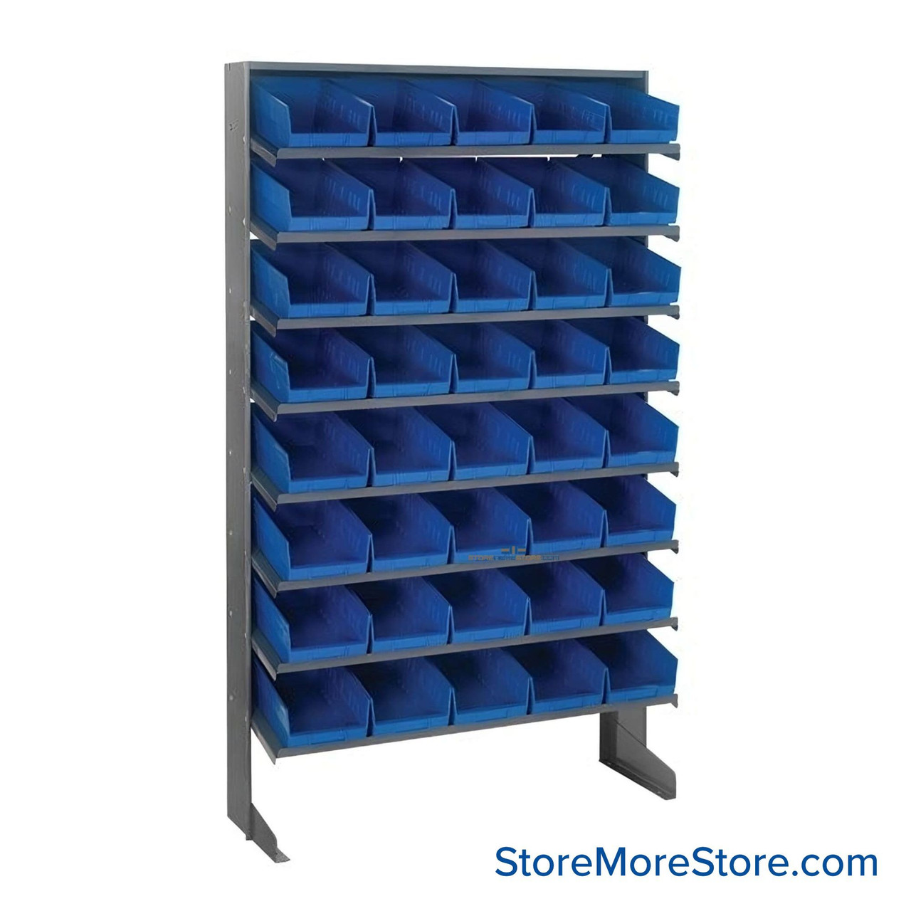 Storage Shelves with Bins, 18" D, Single-Sided, 6.625"Wx17.875"Dx4"H Bin Dimensions, Blue, Without Casters