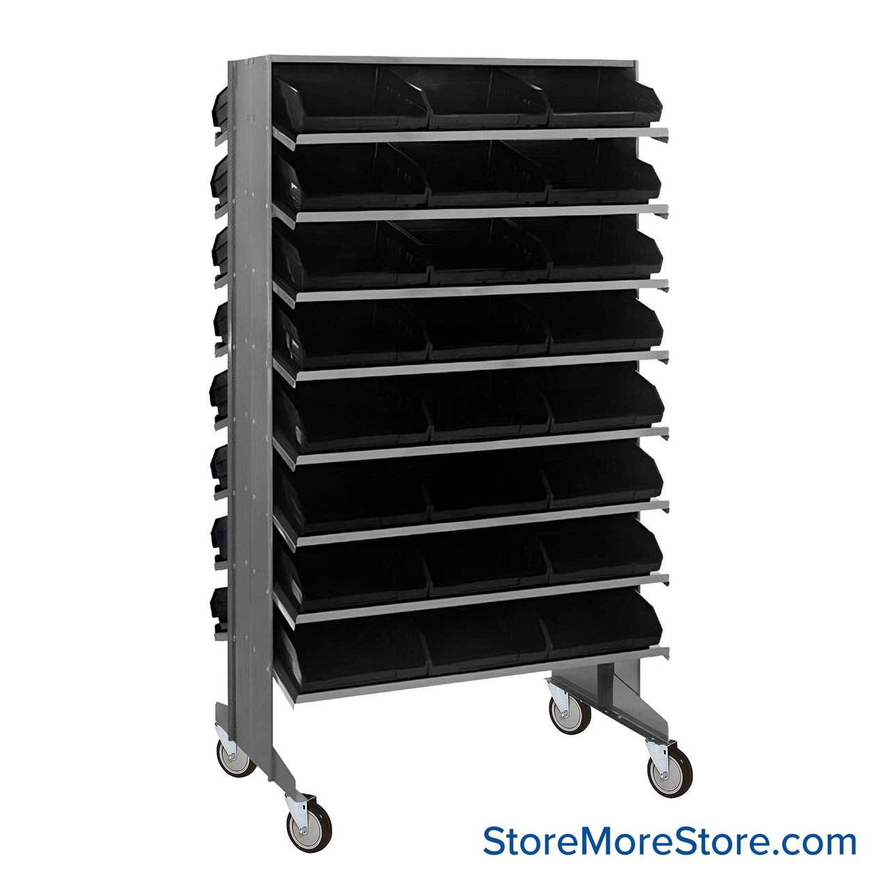 Storage Shelves with Bins, 36" D, Double Sided, 11.125"Wx17.875"Dx4"H Bin Dimensions, Black, Includes Casters
