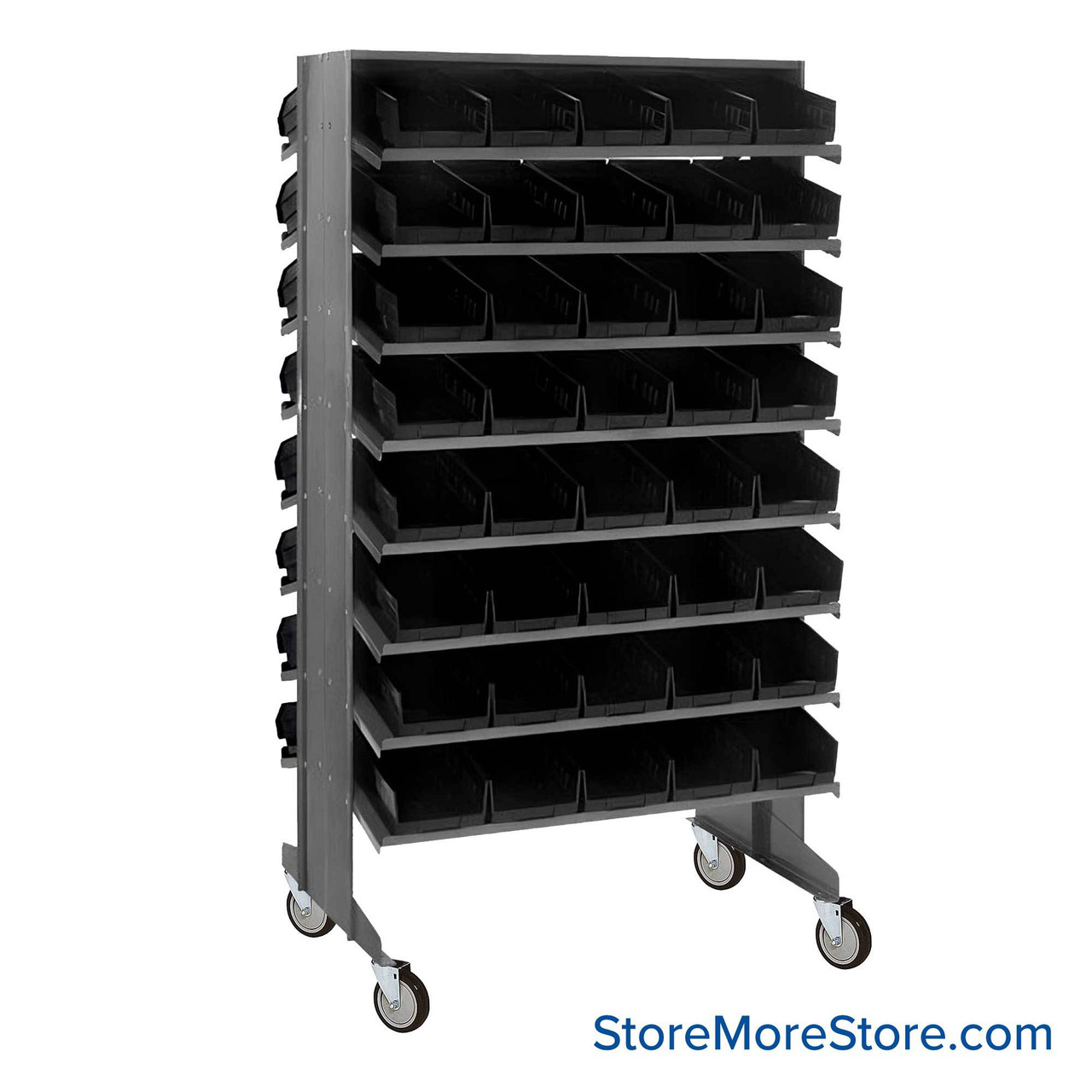 Storage Shelves with Bins, 24" D, Double Sided, 6.625"Wx11.625"Dx4"H Bin Dimensions, Black, Includes Casters