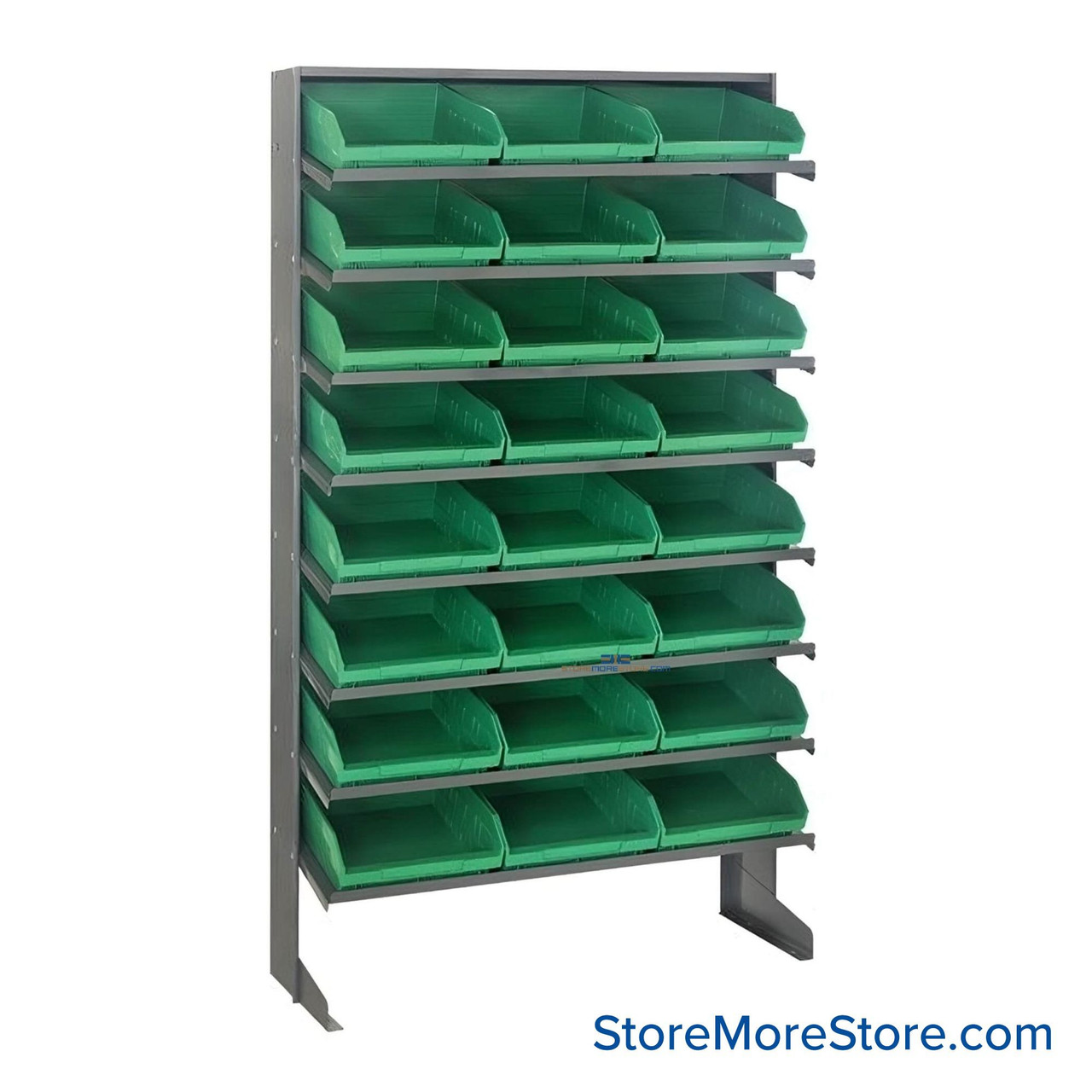 Storage Shelves with Bins, 12" D, Single-Sided, 11.125"Wx11.625"Dx4"H Bin Dimensions, Green, Without Casters